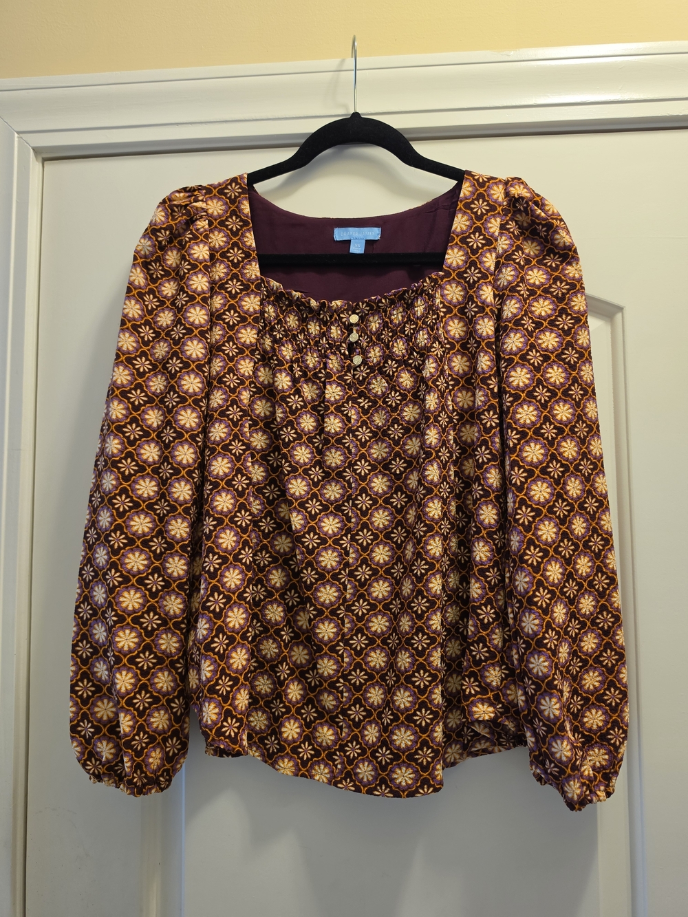 Draper James Burgundy and Gold Floral Smocked Neck Blouse